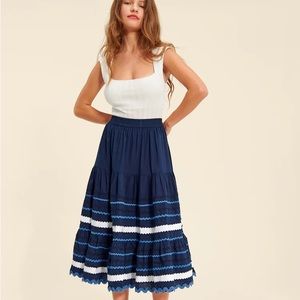 ROUJE Fedia Skirt Navy Peasant Midi Skirt NWT XS Size 34